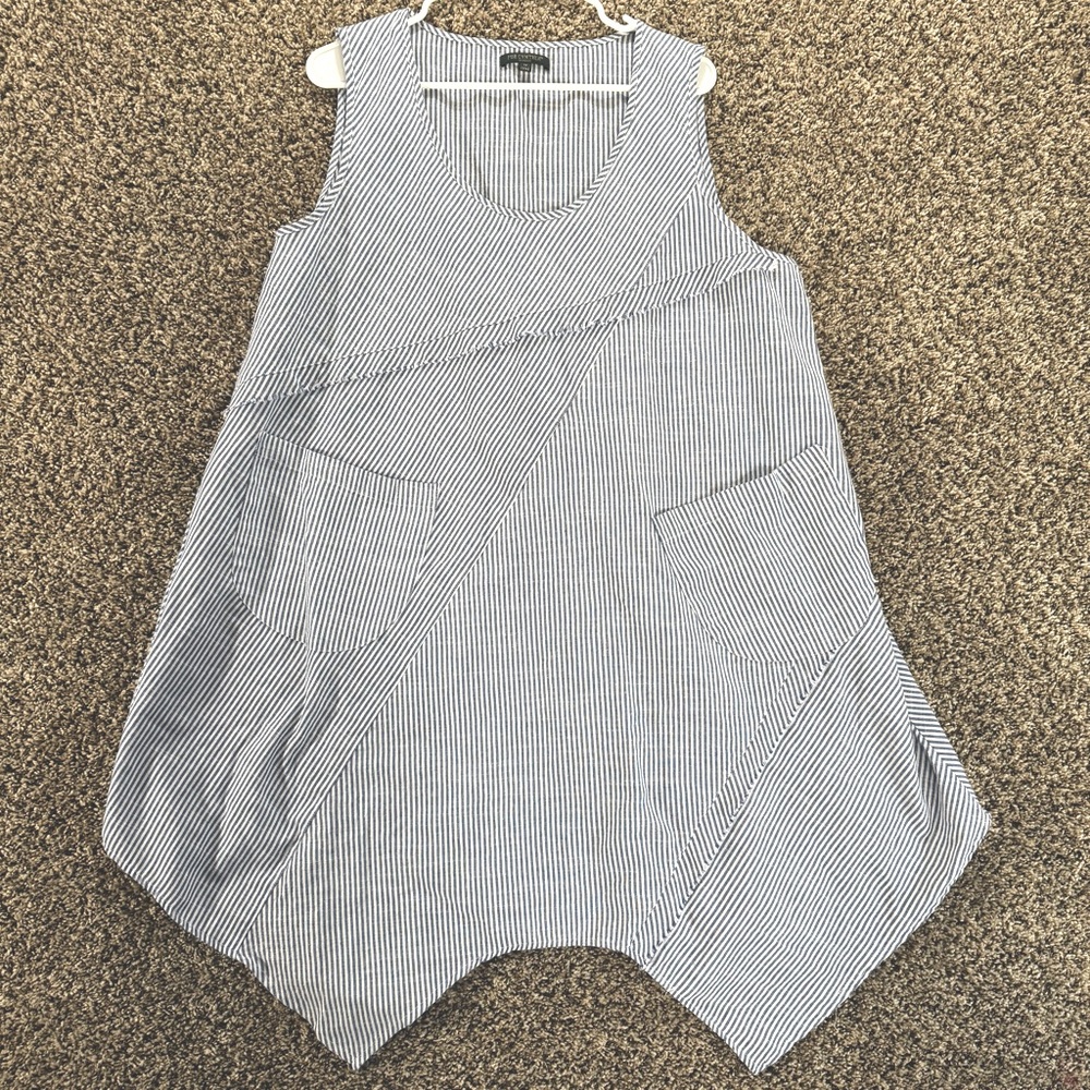 For Cynthia Womens Dress Linen Blend Blue Striped Size 1X Sleeveless Lightweight